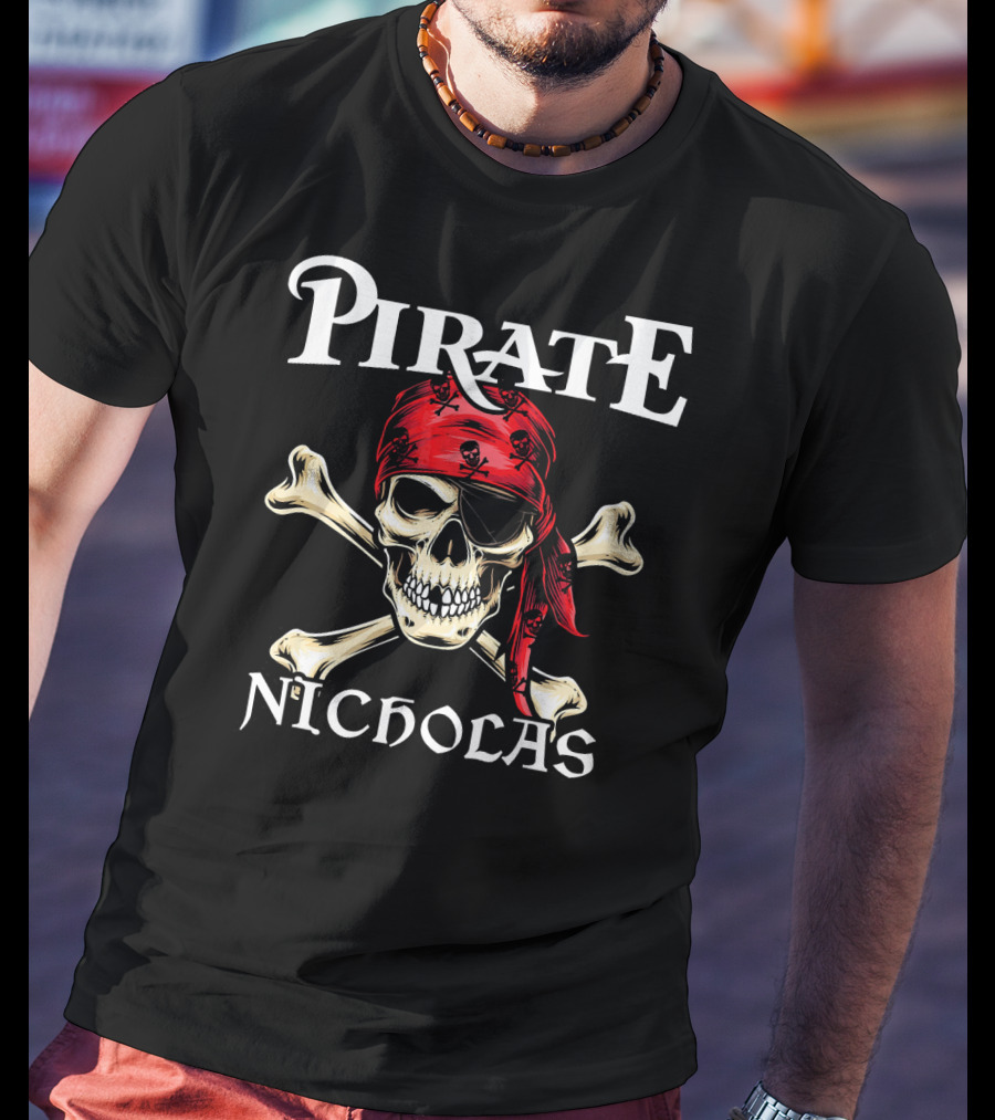 PIRATE NICHOLAS Skull And Crossbones Red Bandana T-Shirt