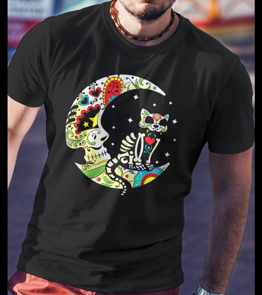 Dia De Los Muertos Halloween Sugar Skull Cat On Crescent Moon T-Shirt