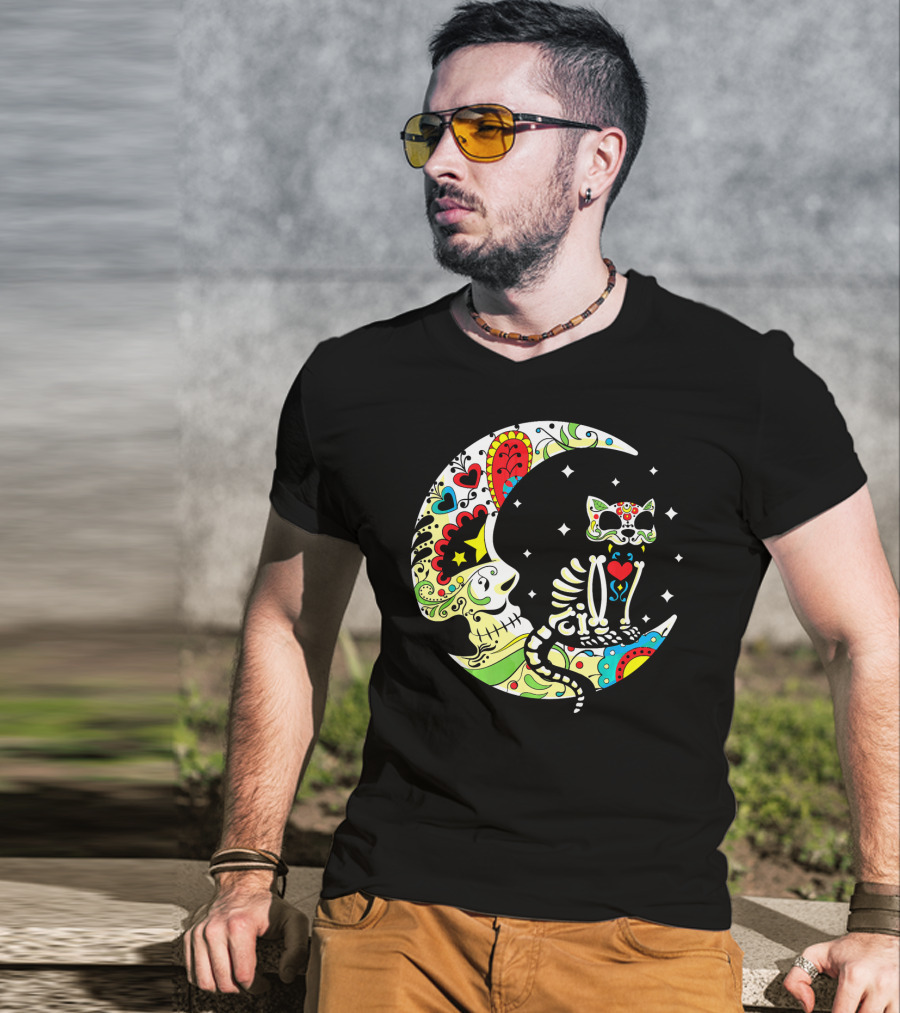 Dia De Los Muertos Halloween Sugar Skull Cat On Crescent Moon T-Shirt