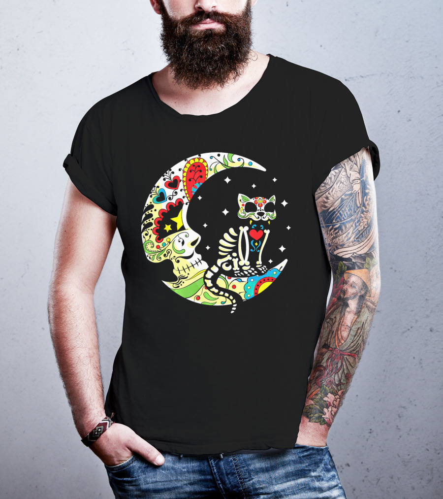Dia De Los Muertos Halloween Sugar Skull Cat On Crescent Moon T-Shirt