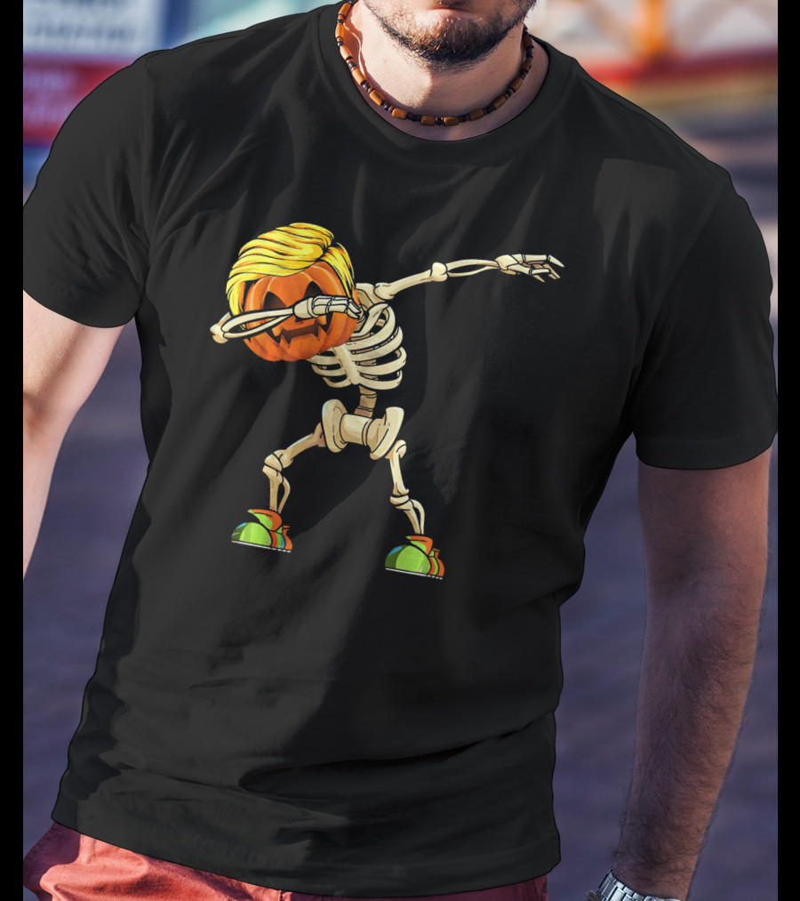 Funny Halloween Dabbing Skeleton Pumpkin With Golden Hair And Colorful Sneakers T-Shirt