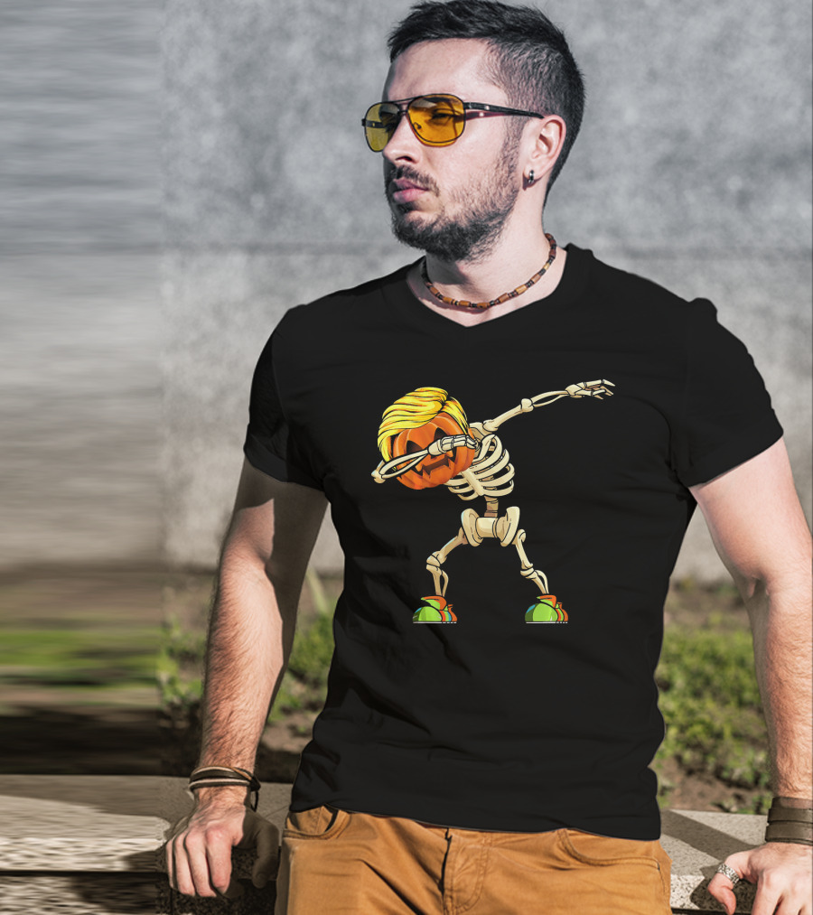 Funny Halloween Dabbing Skeleton Pumpkin With Golden Hair And Colorful Sneakers T-Shirt