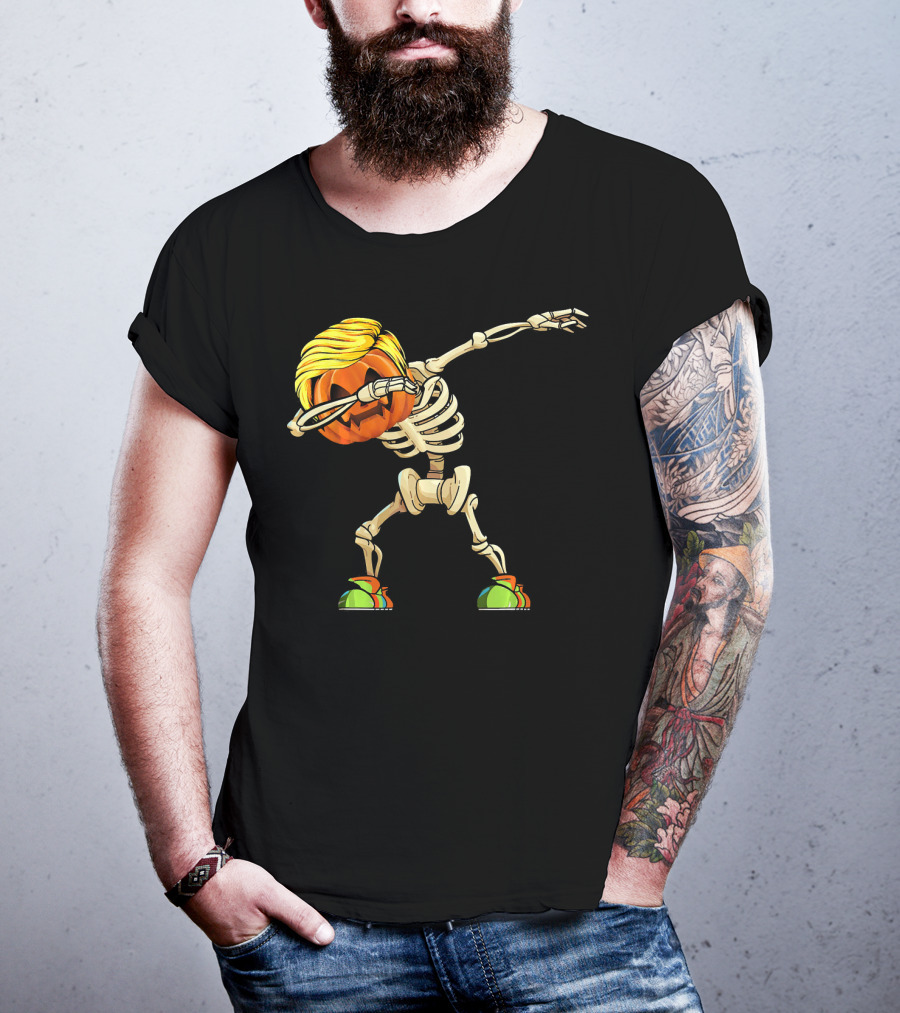 Funny Halloween Dabbing Skeleton Pumpkin With Golden Hair And Colorful Sneakers T-Shirt