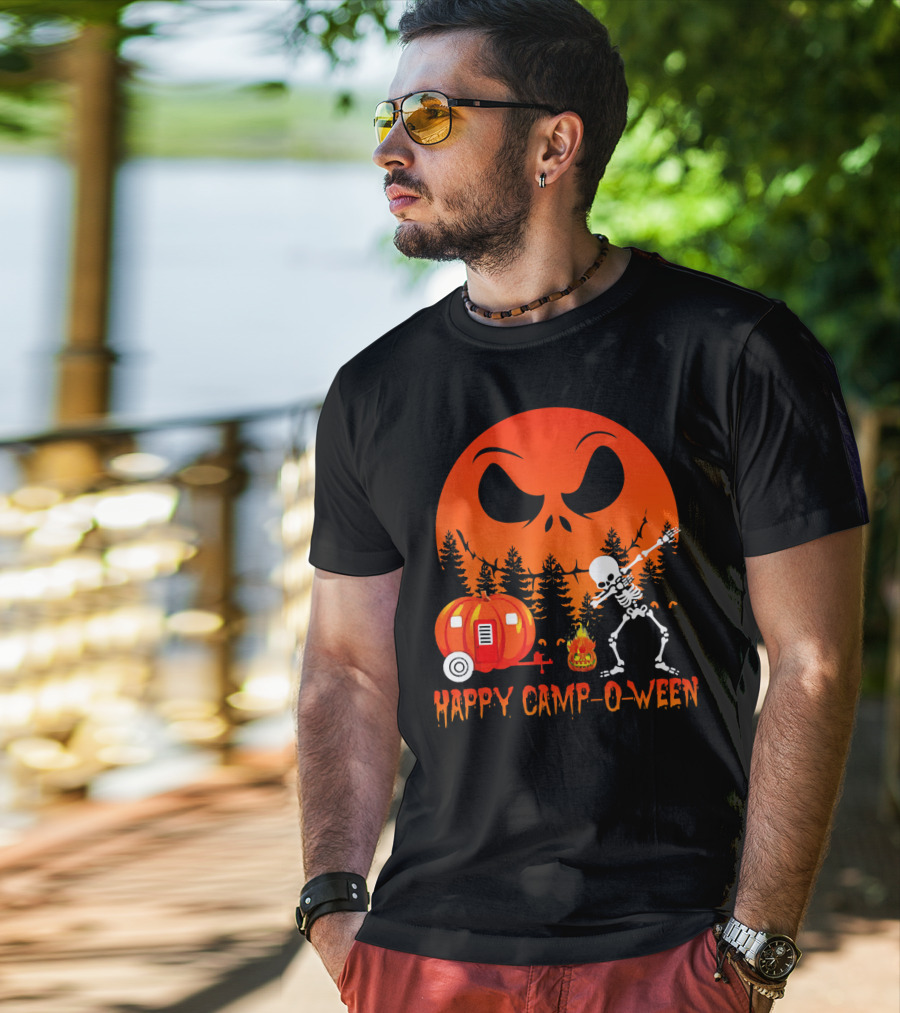 Happy Camp-O-Ween Skeleton Dab Pumpkin Camper Spooky Forest Scene T-Shirt