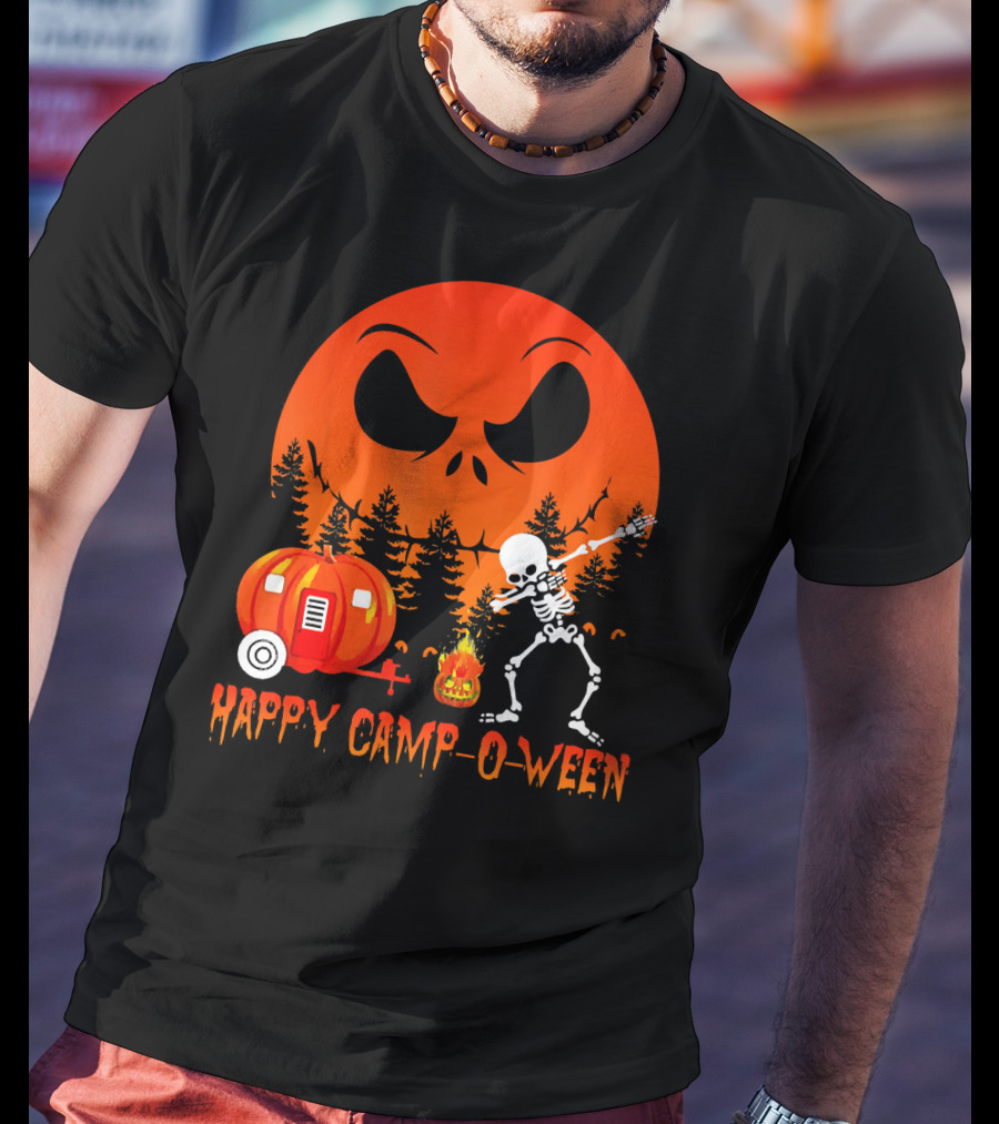Happy Camp-O-Ween Skeleton Dab Pumpkin Camper Spooky Forest Scene T-Shirt