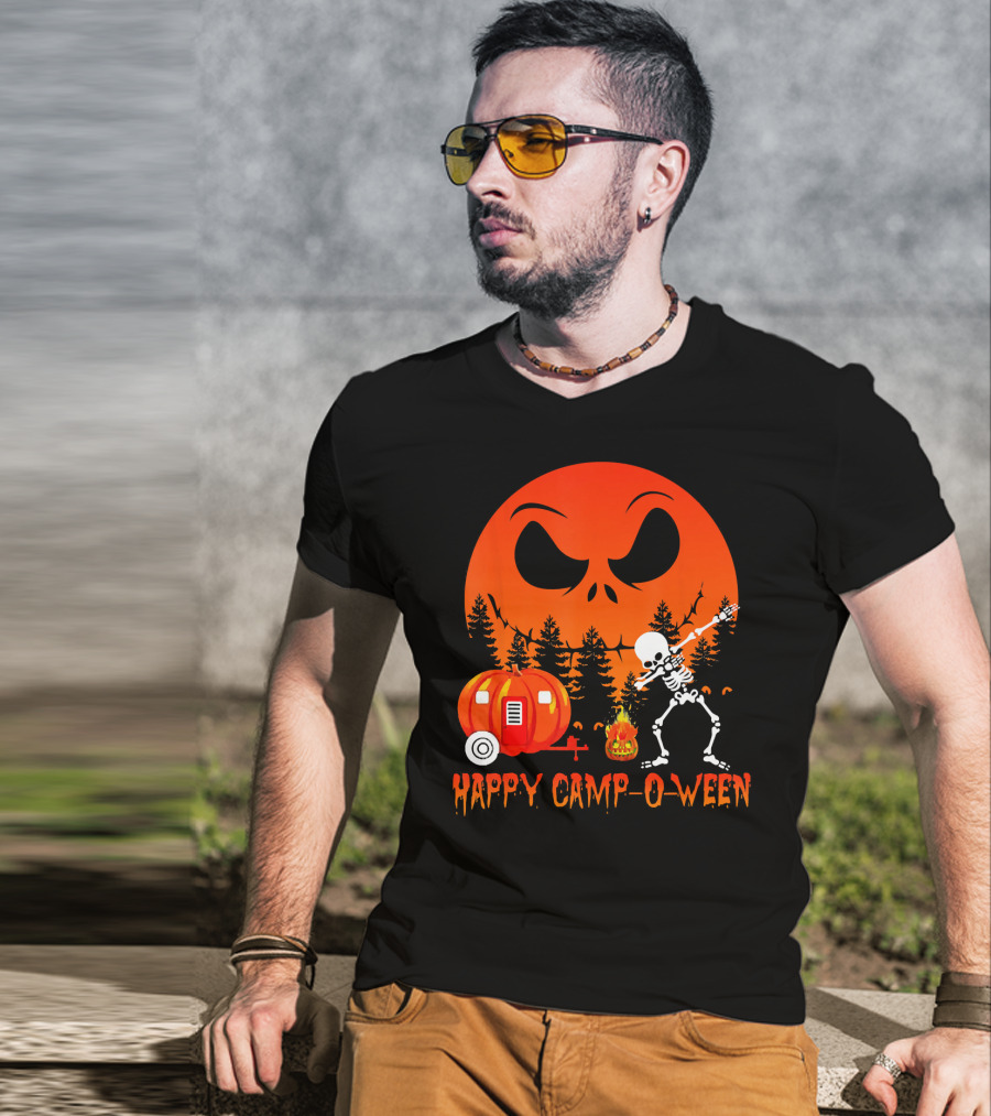 Happy Camp-O-Ween Skeleton Dab Pumpkin Camper Spooky Forest Scene T-Shirt