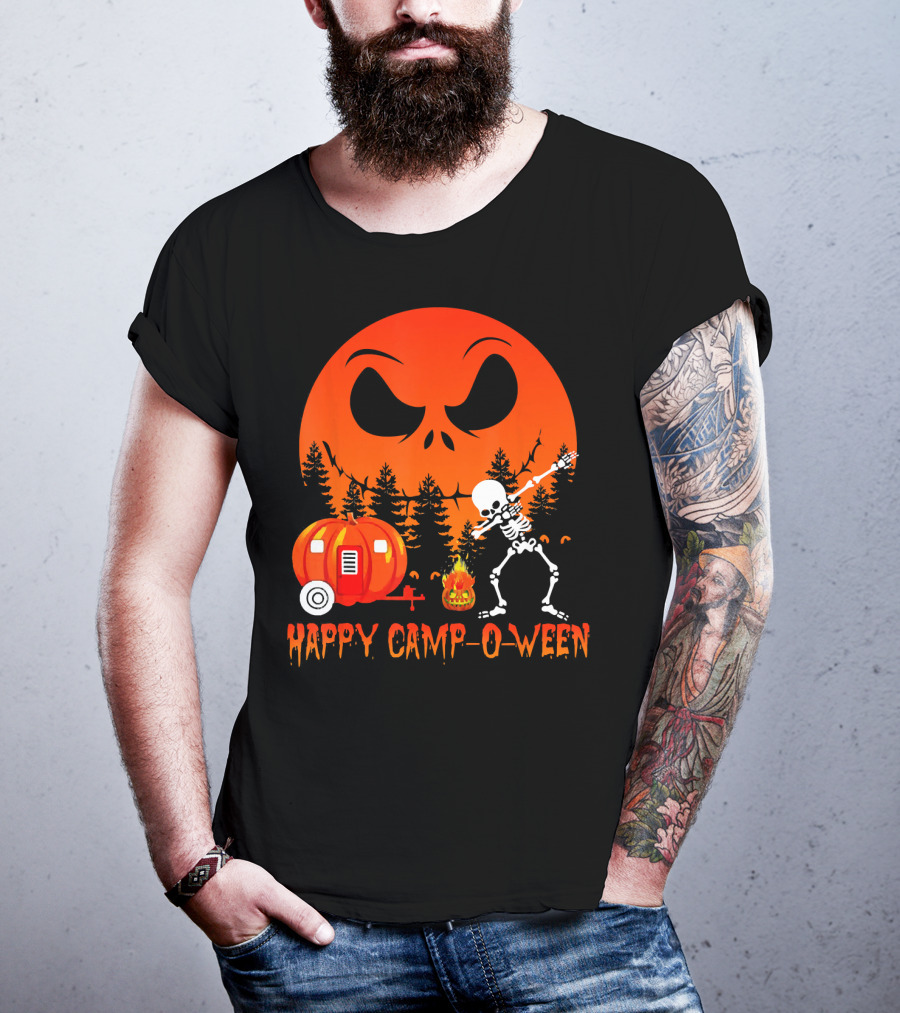 Happy Camp-O-Ween Skeleton Dab Pumpkin Camper Spooky Forest Scene T-Shirt