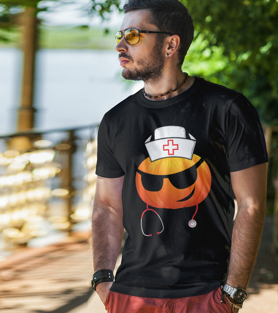 Smiling Pumpkin Nurse Emoji With Stethoscope Halloween T-Shirt