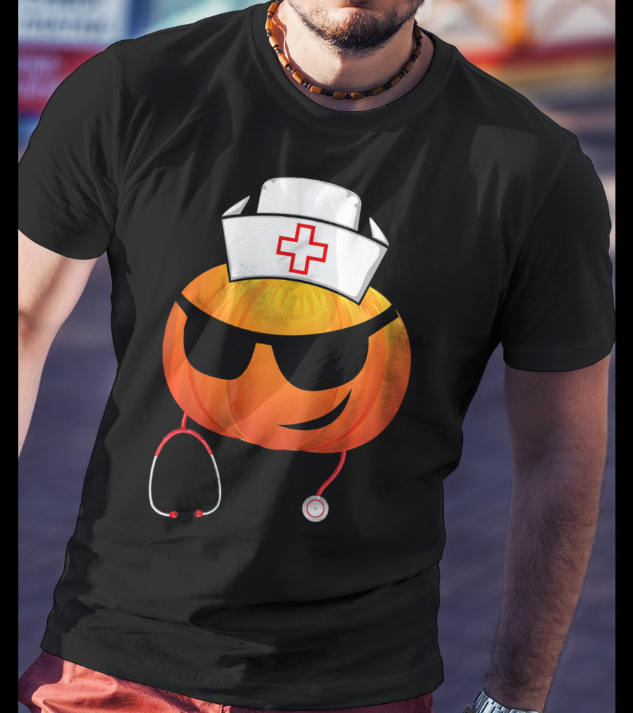 Smiling Pumpkin Nurse Emoji With Stethoscope Halloween T-Shirt