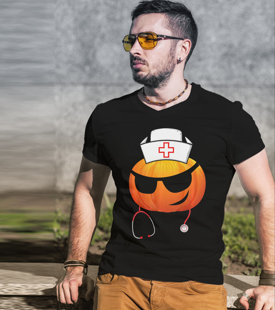 Smiling Pumpkin Nurse Emoji With Stethoscope Halloween T-Shirt