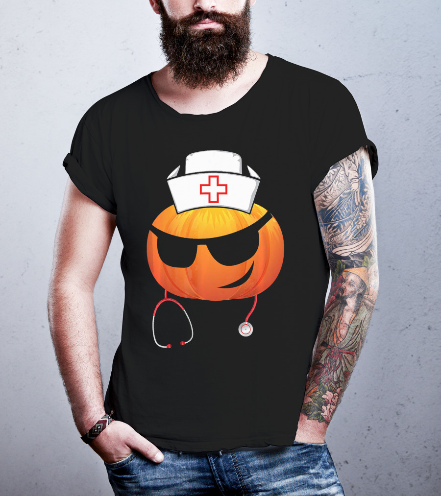 Smiling Pumpkin Nurse Emoji With Stethoscope Halloween T-Shirt