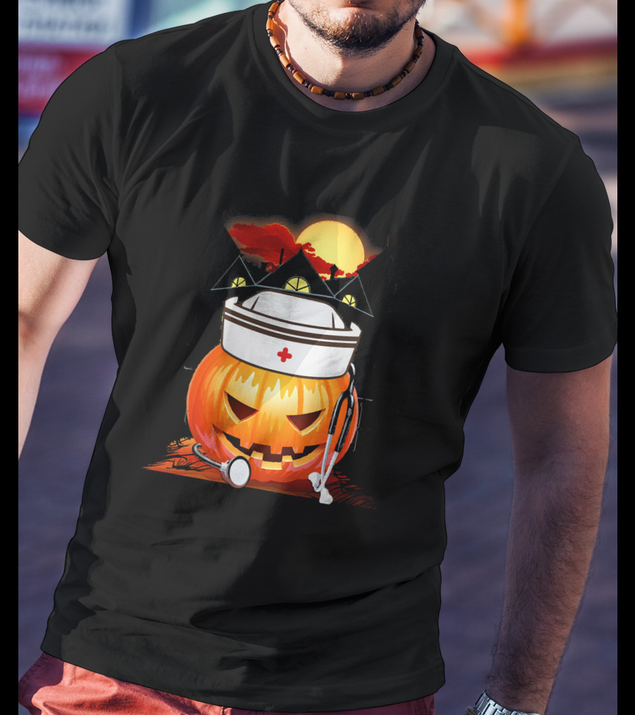 Nurse Pumpkin Halloween With Stethoscope And Haunted House T-Shirt