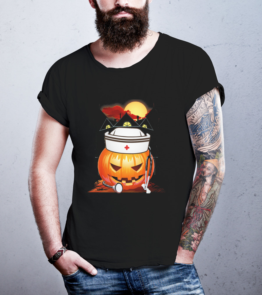 Nurse Pumpkin Halloween With Stethoscope And Haunted House T-Shirt