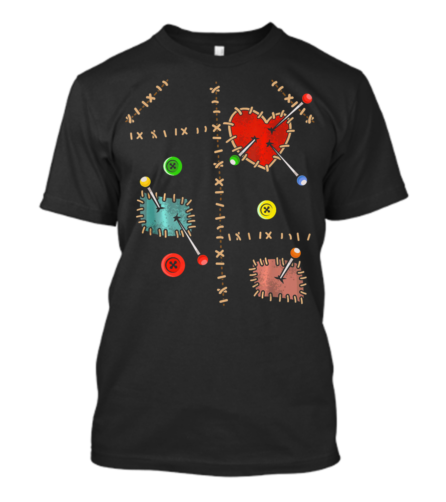 Voodoo Doll Halloween Costume With Heart And Button Patches T-Shirt