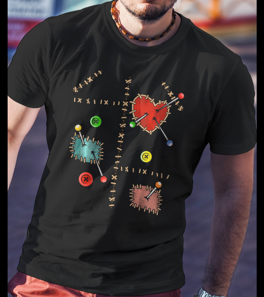 Voodoo Doll Halloween Costume With Heart And Button Patches T-Shirt