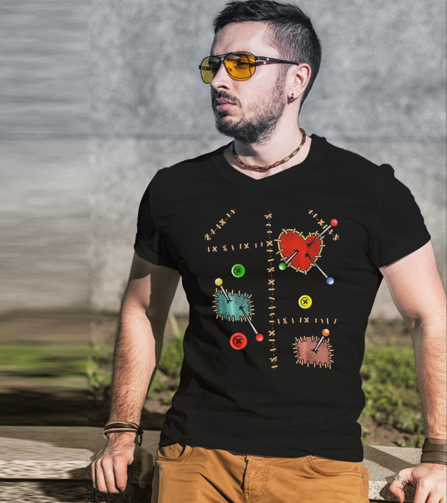 Voodoo Doll Halloween Costume With Heart And Button Patches T-Shirt
