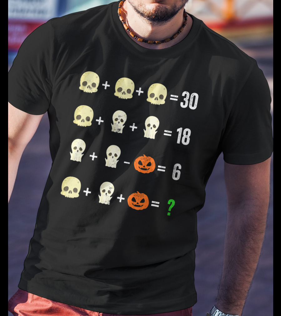 Math Puzzle Halloween Skulls And Pumpkins Calculation Challenge T-Shirt
