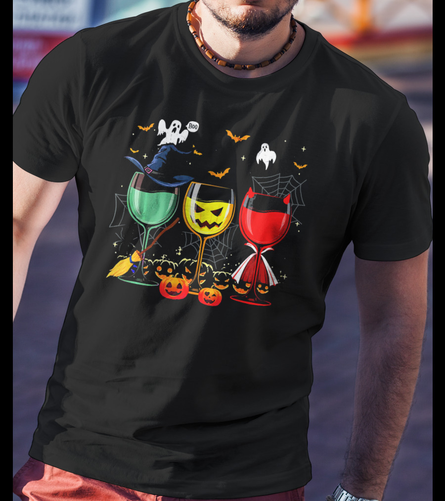 Halloween Witches Pumpkin Ghost Devil Wine Glasses T-Shirt