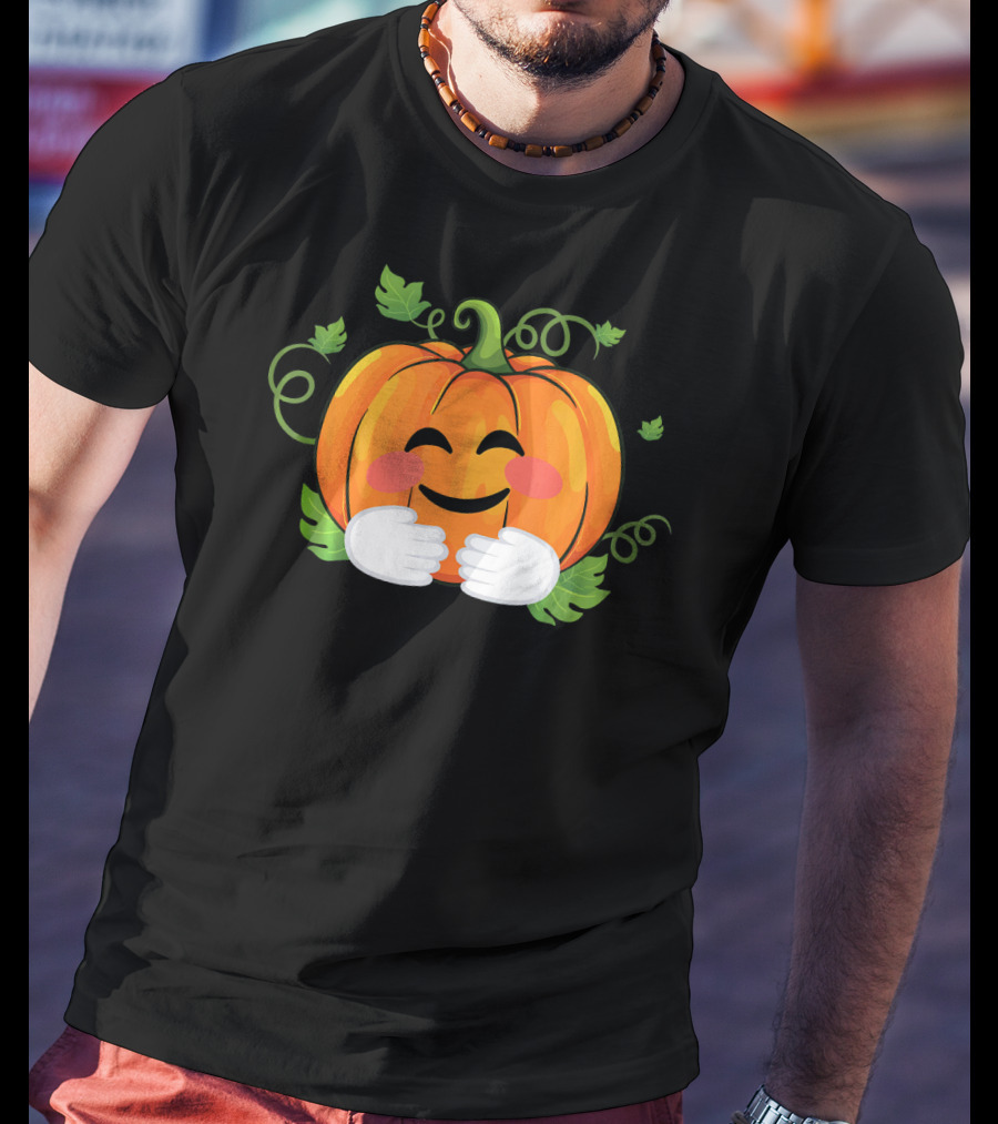 Pumpkin Emoji Big Hugs Smiling Face With Leaves And Vines T-Shirt