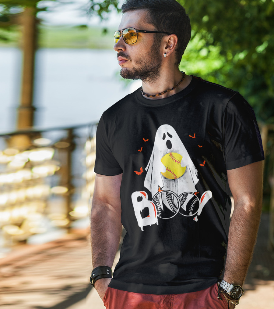 Ghostly Boo Softball With Yellow Softball And Bats T-Shirt