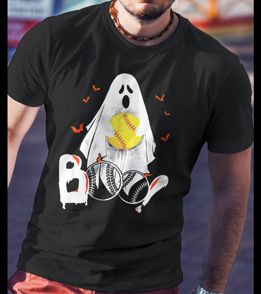Ghostly Boo Softball With Yellow Softball And Bats T-Shirt