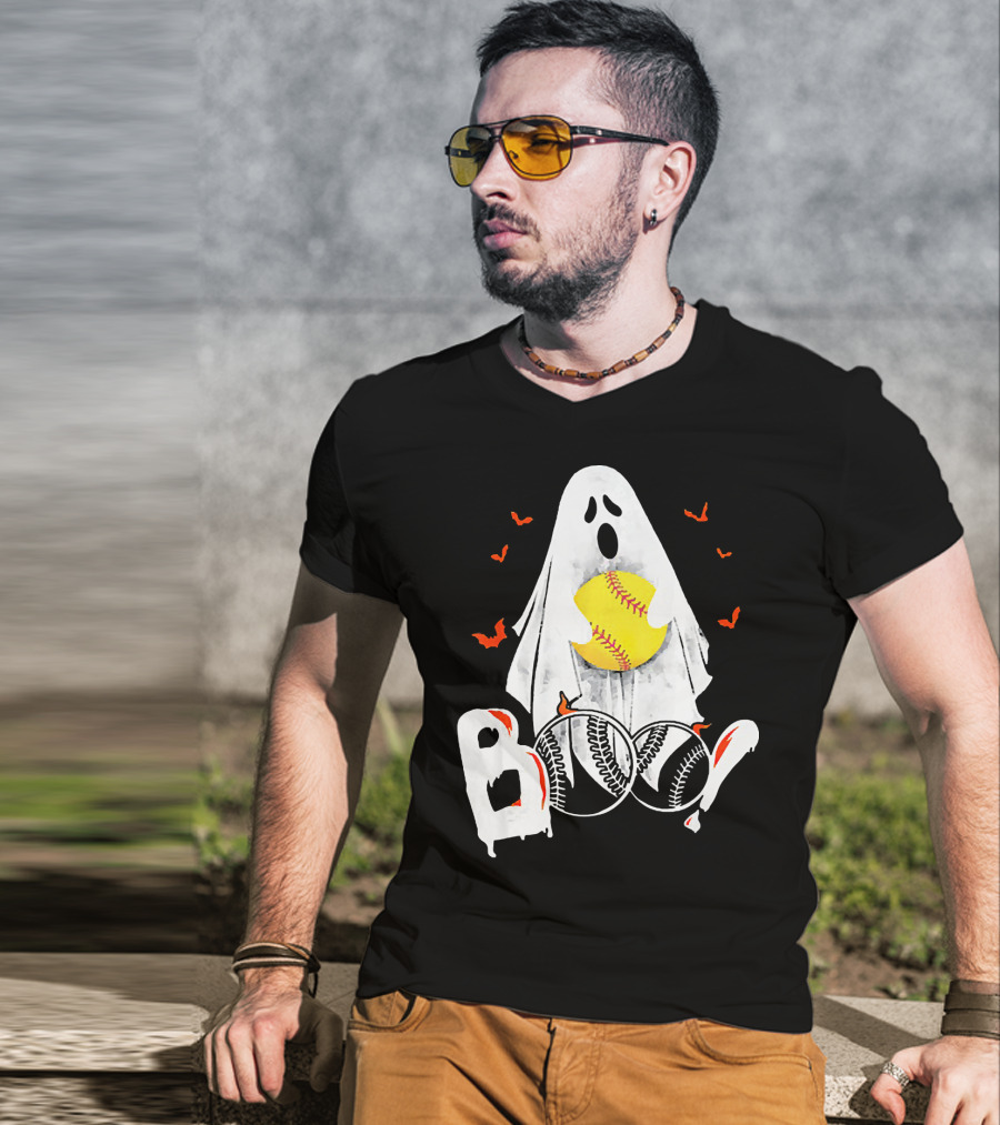 Ghostly Boo Softball With Yellow Softball And Bats T-Shirt