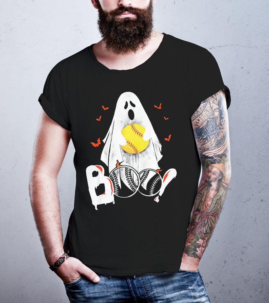 Ghostly Boo Softball With Yellow Softball And Bats T-Shirt