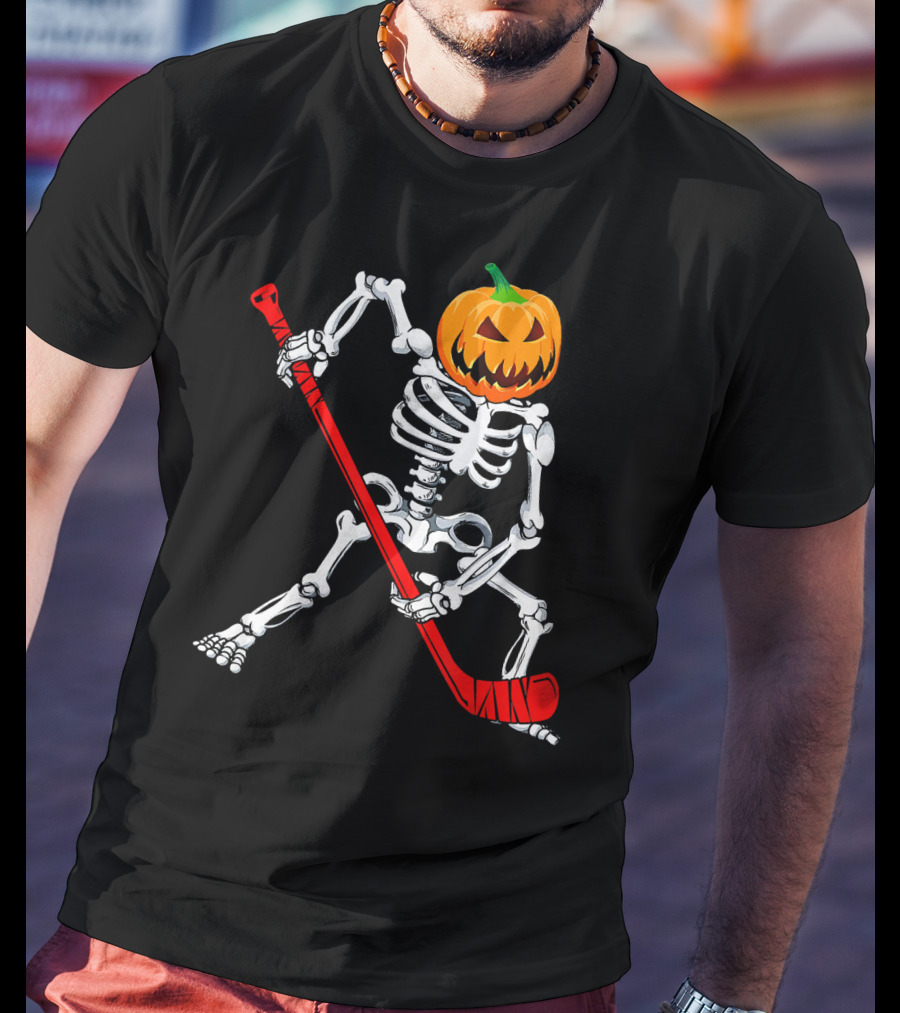 Halloween Skeleton With Pumpkin Head Playing Hockey T-Shirt