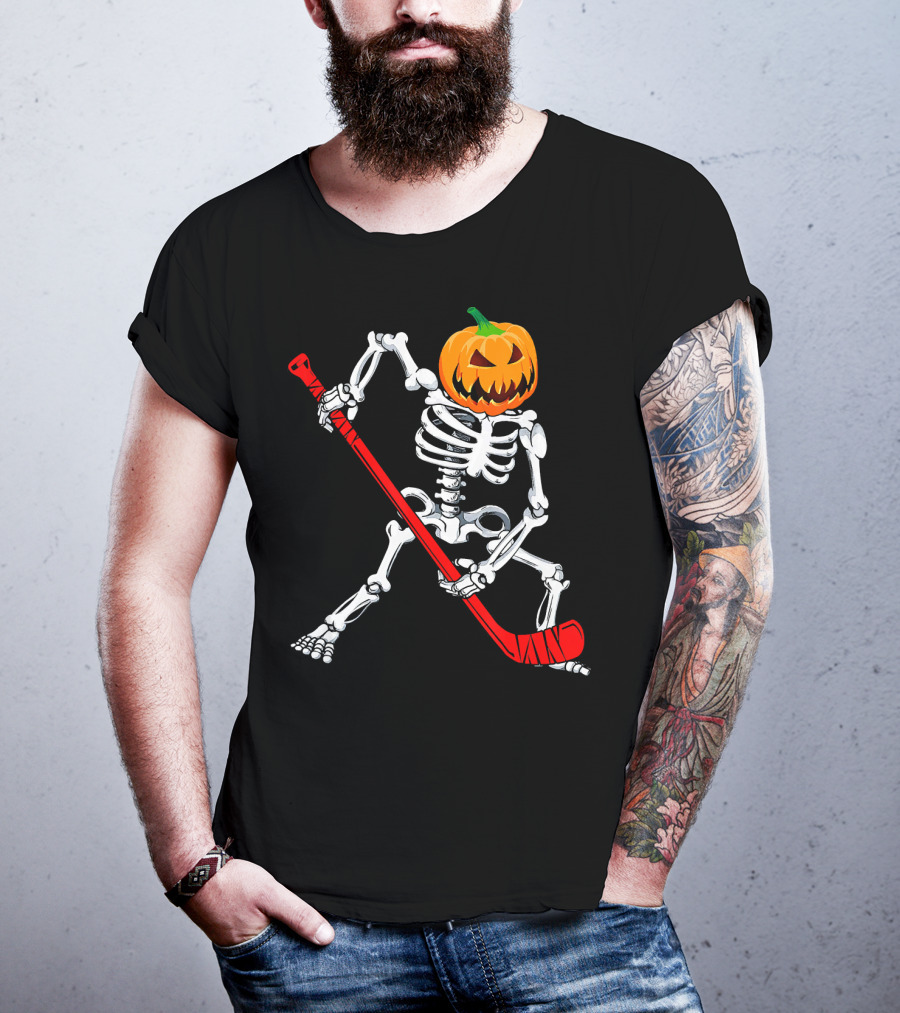 Halloween Skeleton With Pumpkin Head Playing Hockey T-Shirt