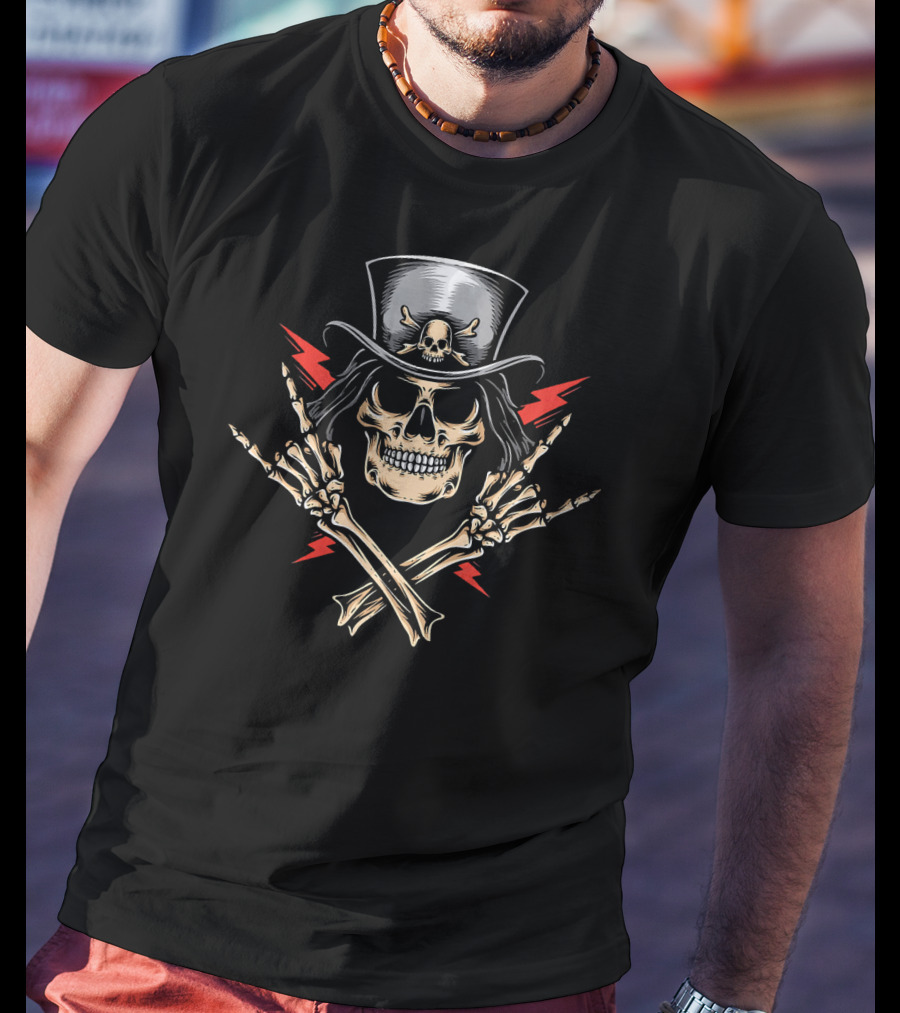 Halloween Skeleton Rocker With Skull Hat And Crossed Bones T-Shirt