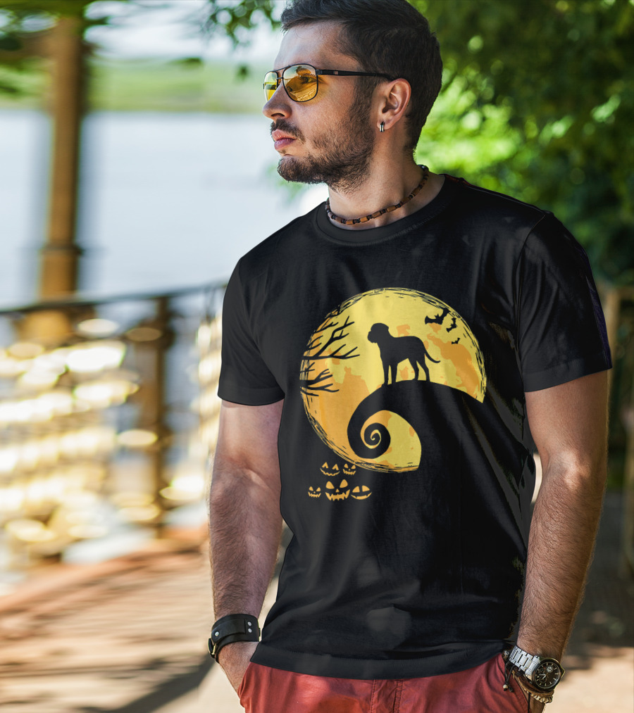Bullmastiff Silhouette Moonlit Halloween Scene With Pumpkins And Bats T-Shirt