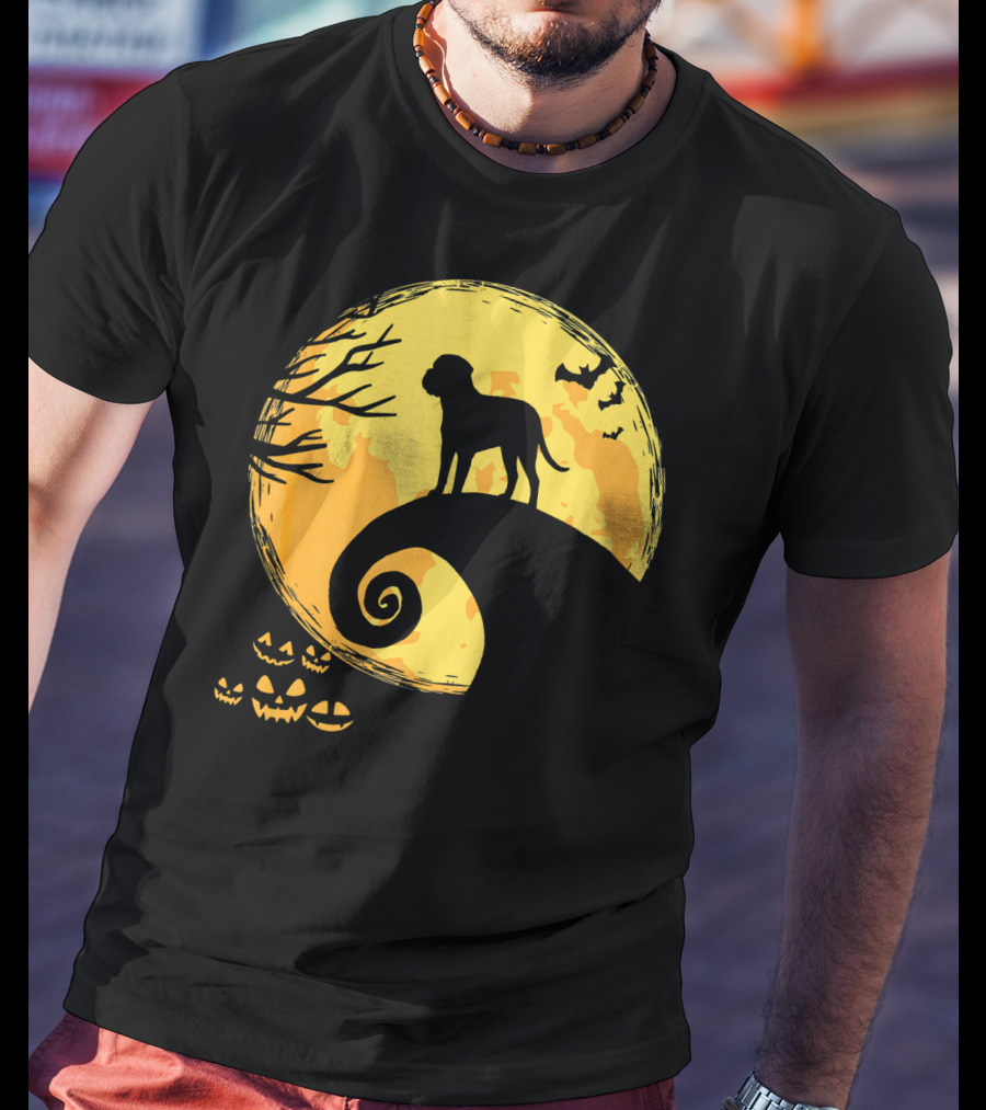 Bullmastiff Silhouette Moonlit Halloween Scene With Pumpkins And Bats T-Shirt