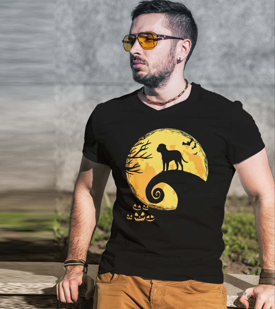 Bullmastiff Silhouette Moonlit Halloween Scene With Pumpkins And Bats T-Shirt