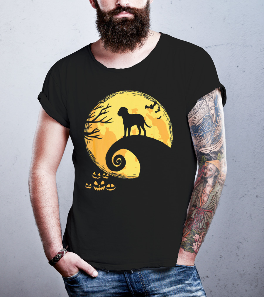 Bullmastiff Silhouette Moonlit Halloween Scene With Pumpkins And Bats T-Shirt