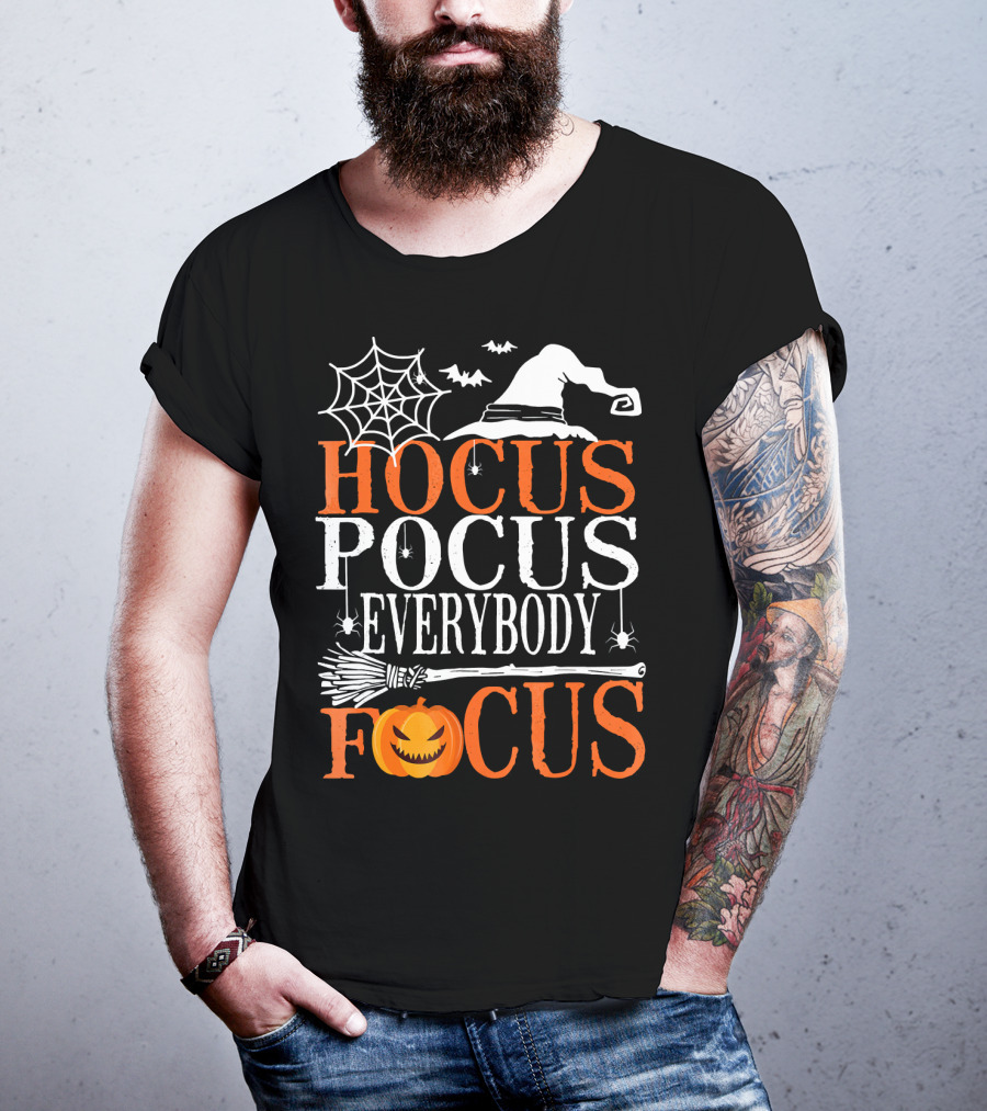 Hocus Pocus Everybody Focus Witch Hat Spider Web Broom Pumpkin T-Shirt