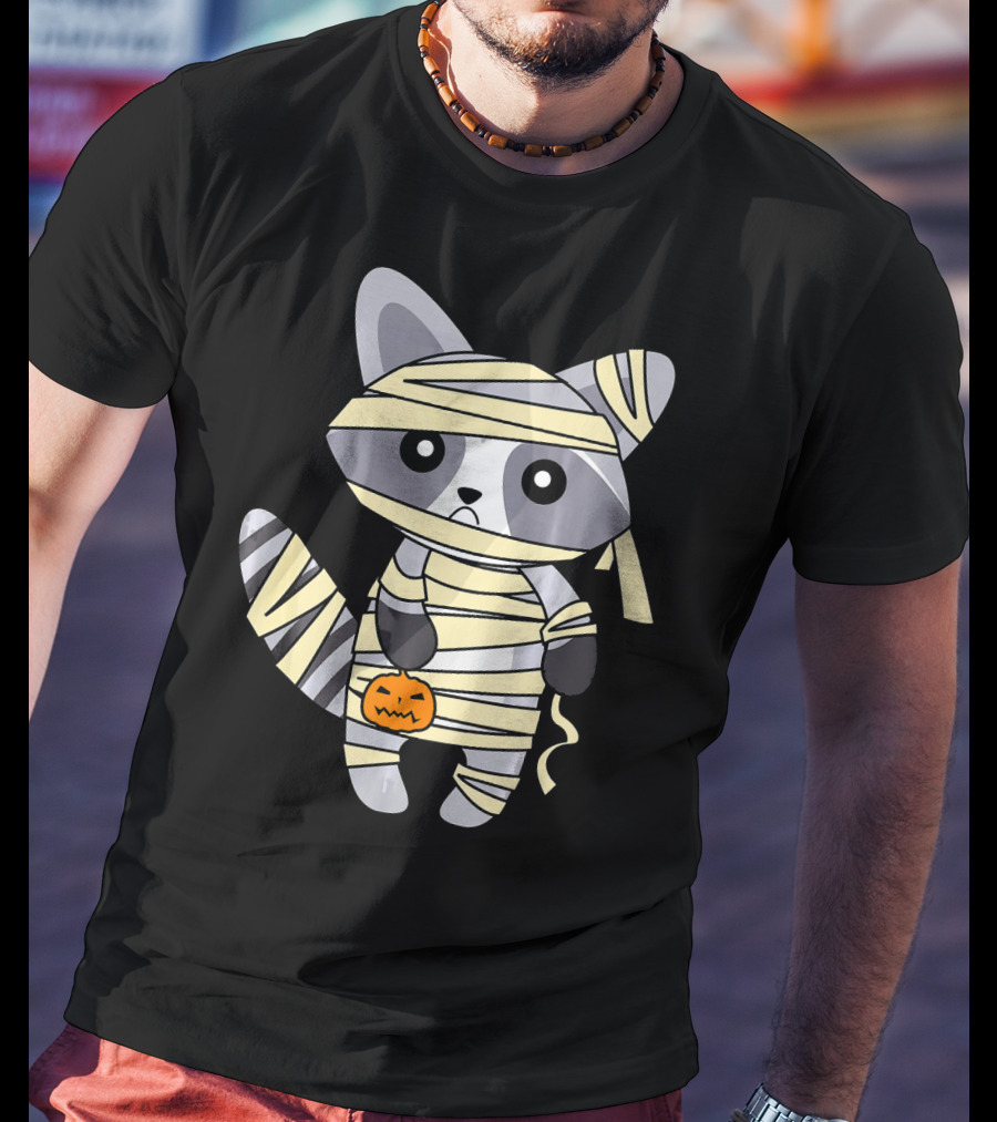 Mummy Raccoon Halloween With Jack-O'-Lantern T-Shirt