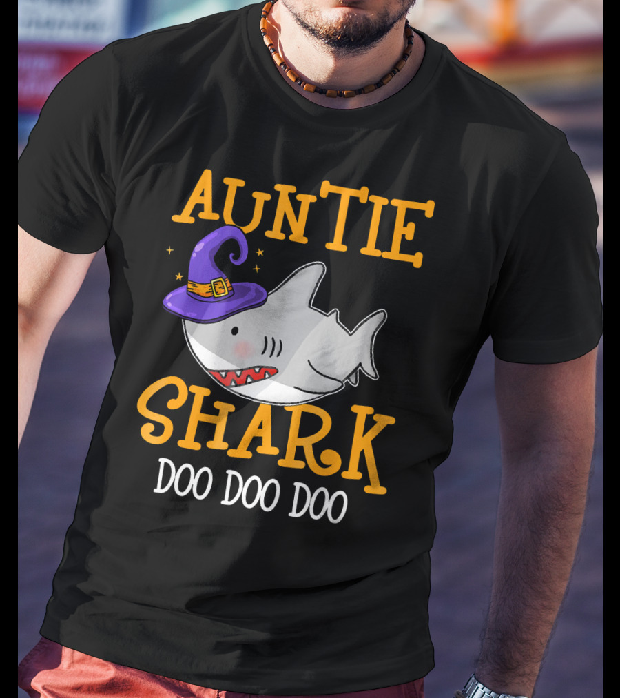 Auntie Shark Doo Doo Doo Funny Halloween With Witch Hat T-Shirt