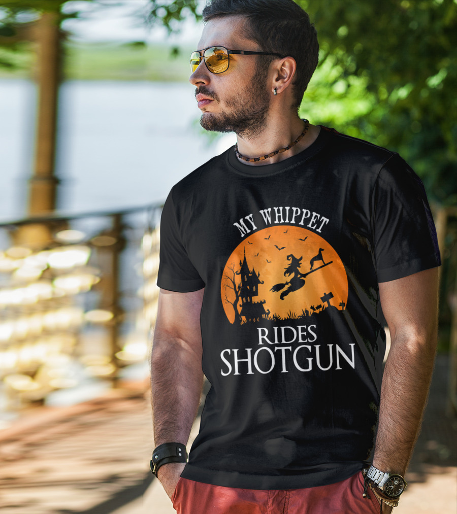 My Whippet Rides Shotgun Witch Broomstick Halloween Scene T-Shirt