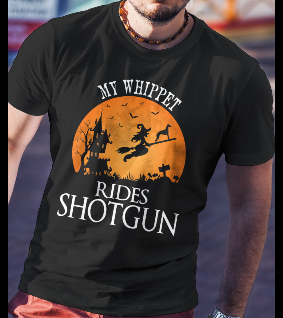My Whippet Rides Shotgun Witch Broomstick Halloween Scene T-Shirt