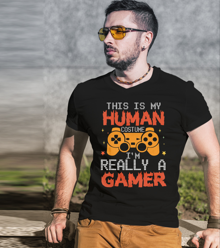 This Is My Human Costume I'm Really A Gamer Controller Pixel Text T-Shirt