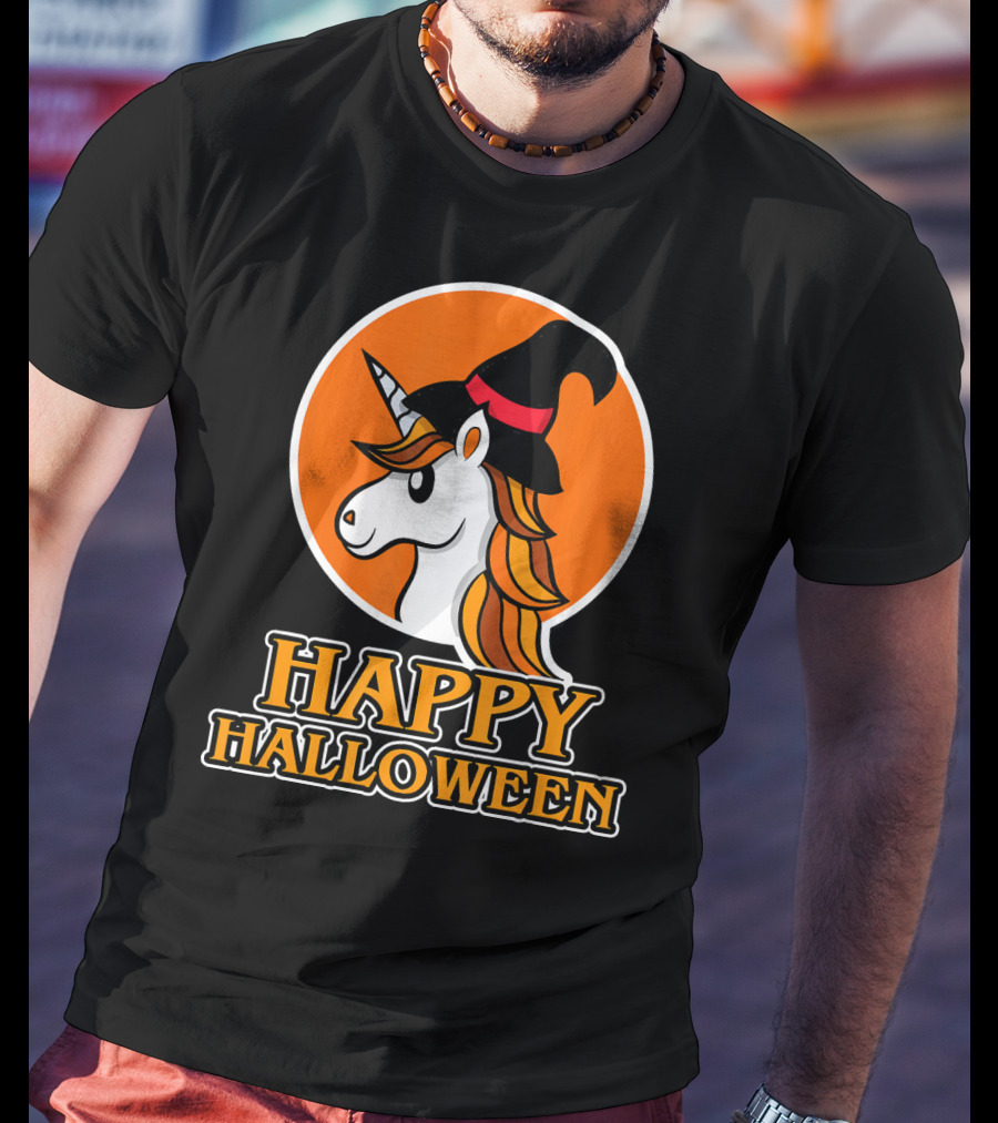 Happy Halloween Unicorn With Witch Hat T-Shirt