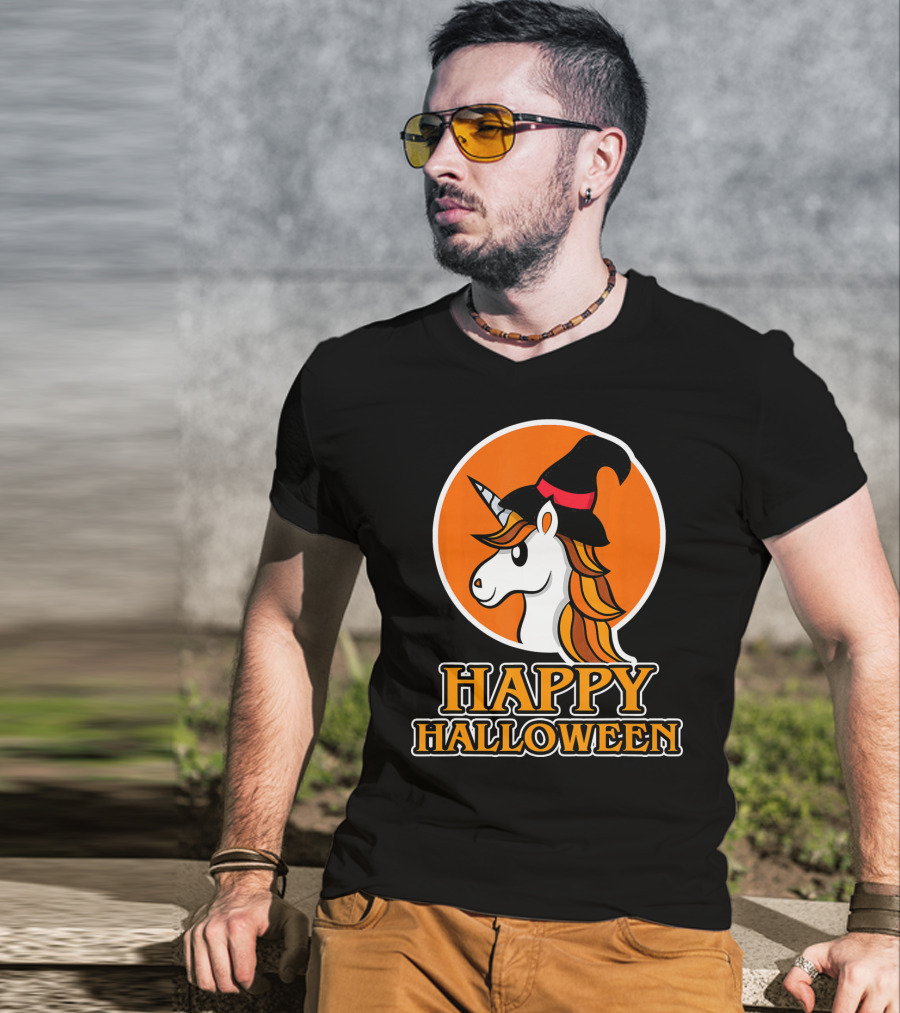 Happy Halloween Unicorn With Witch Hat T-Shirt