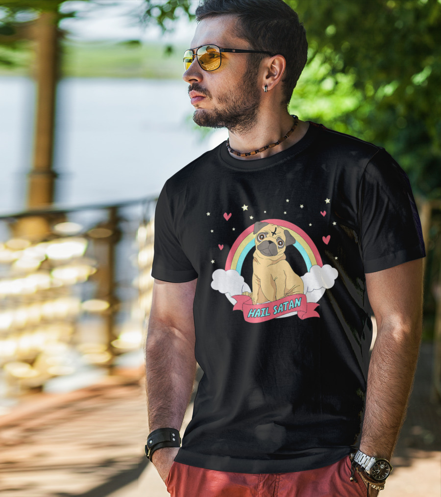 Hail Satan Pug Cute Halloween Rainbow Hearts Stars Clouds T-Shirt