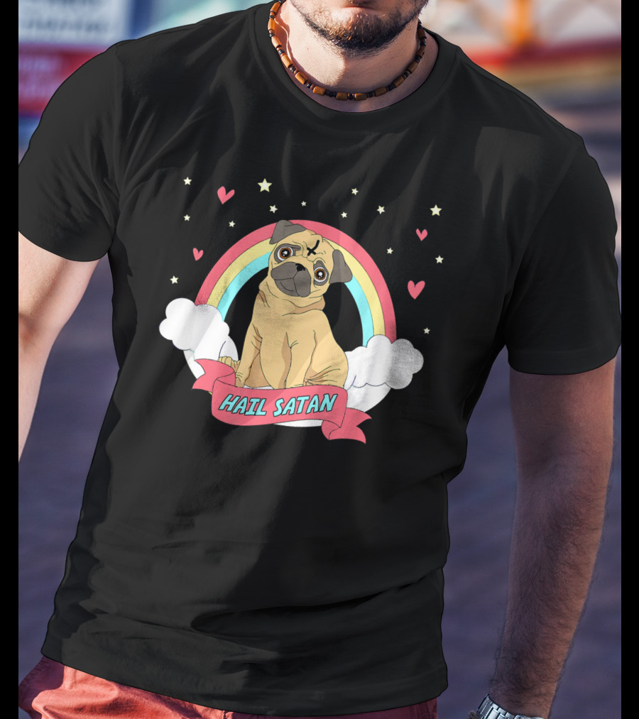 Hail Satan Pug Cute Halloween Rainbow Hearts Stars Clouds T-Shirt