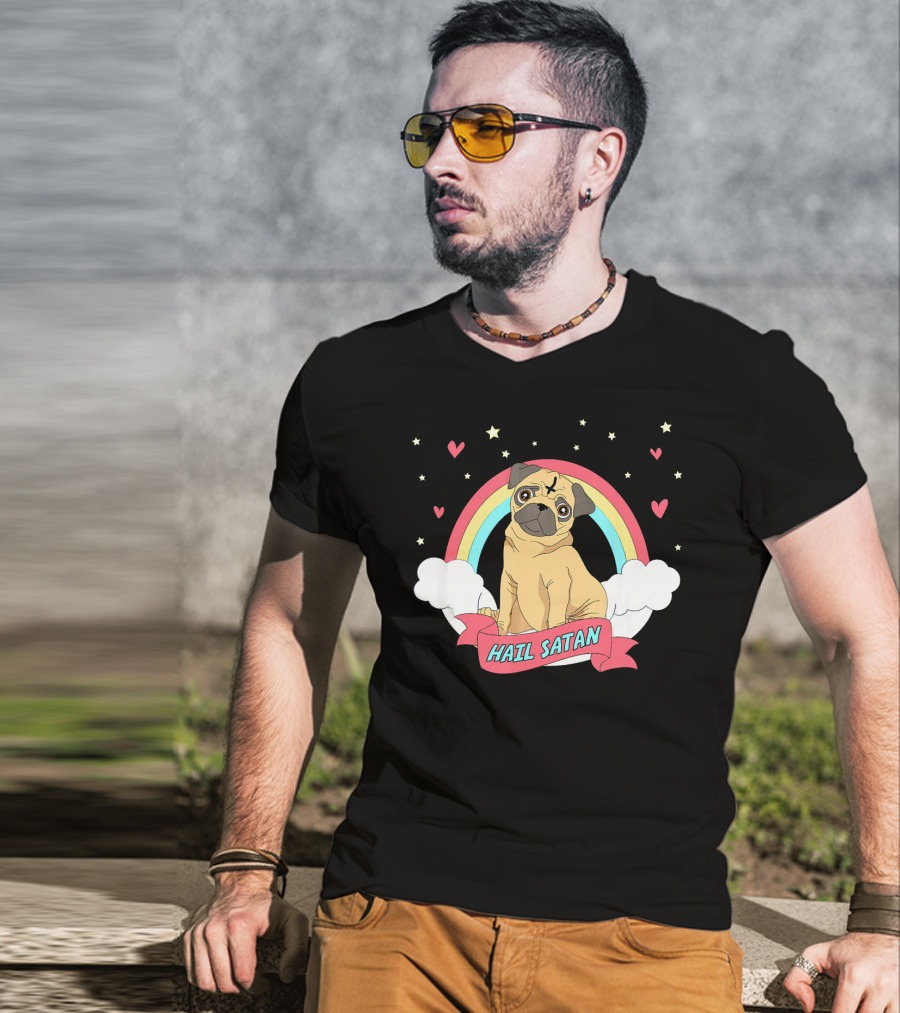 Hail Satan Pug Cute Halloween Rainbow Hearts Stars Clouds T-Shirt