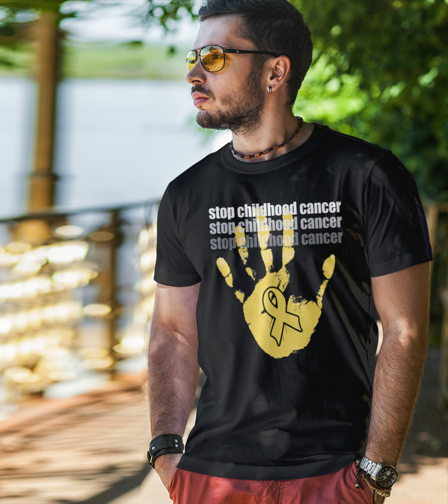 Stop Childhood Cancer Yellow Handprint Ribbon Awareness T-Shirt
