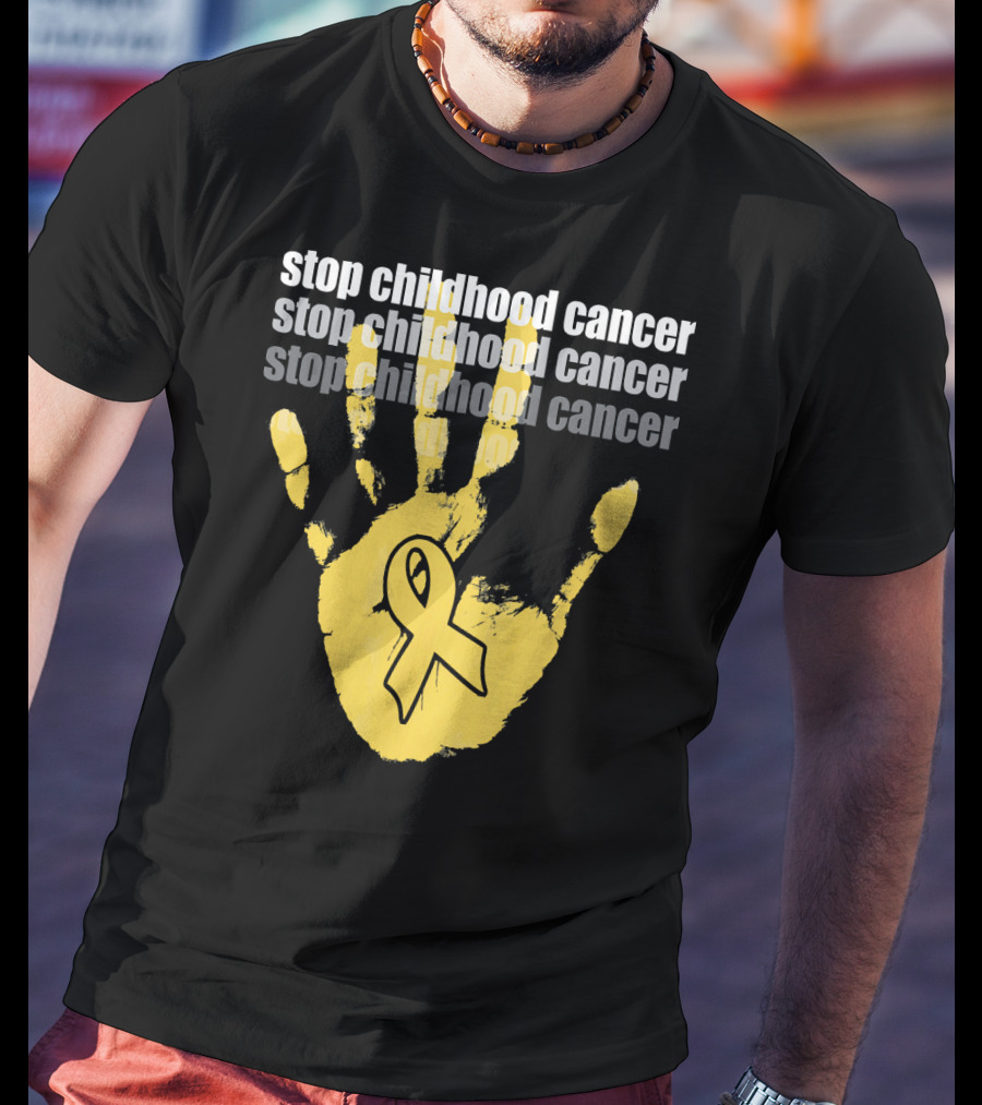 Stop Childhood Cancer Yellow Handprint Ribbon Awareness T-Shirt