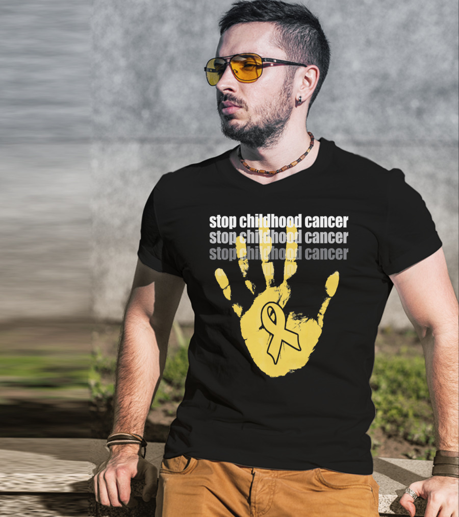 Stop Childhood Cancer Yellow Handprint Ribbon Awareness T-Shirt
