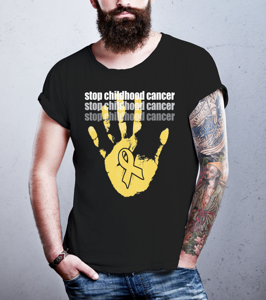Stop Childhood Cancer Yellow Handprint Ribbon Awareness T-Shirt
