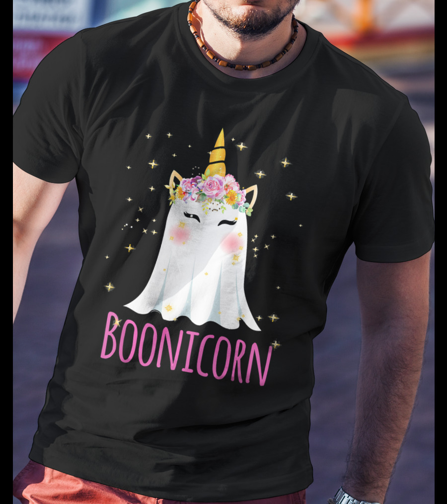 BooNicorn Unicorn Ghost With Flowers And Stars Halloween For Girl T-Shirt